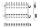 Oventrop Heizkreisverteiler mit mehreren Regel- und Messeinsätzen. Darstellung der Verteilungssysteme für Heizkreise in einem schematischen Diagramm.